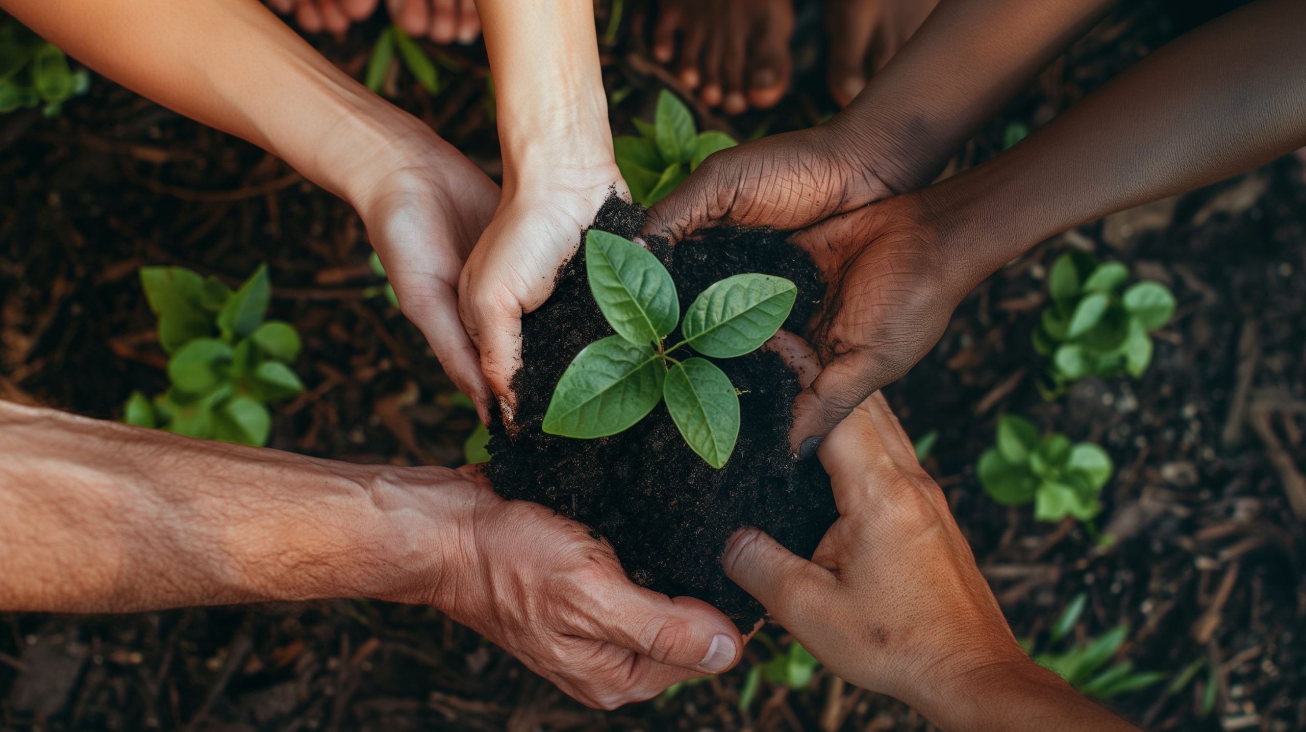 A small green tree plant held by diverse hands, black and white skin, planted in fertile forest soil, highlighting unity in environmental sustainability