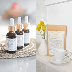 A tincture bottle and cup of tea