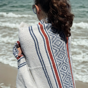 Baja Classic Mexican Blanket - White - Blue