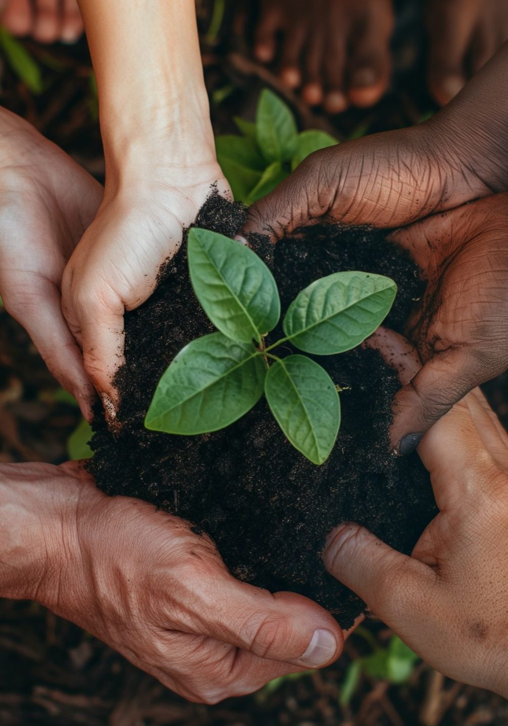 A small green tree plant held by diverse hands, black and white skin, planted in fertile forest soil, highlighting unity in environmental sustainability
